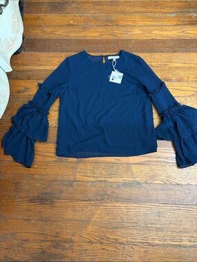 NWT Free Generation Navy Blue Tiered Ruffle Bell-Sleeve Blouse Small